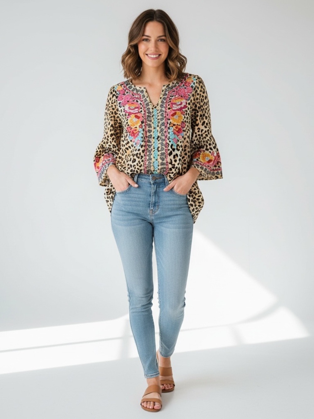 Savanna Jane Floral Embroidered Blouse Peasant Top Boho Sz M Hippie Animal Print